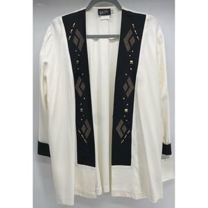 VTG Wild Rose Jacket Cardigan Women's 8 Cream Black Open Front Studded 80s Long